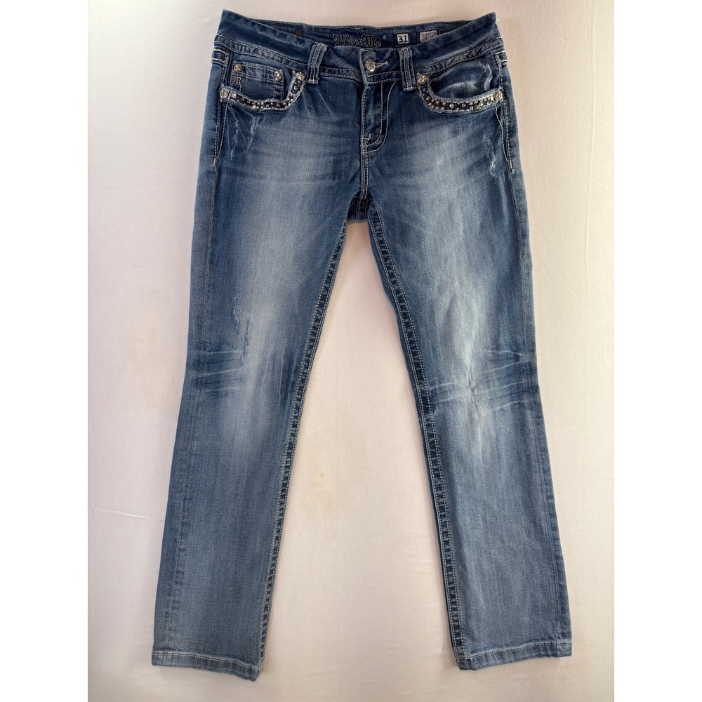 Miss Me JP755T3R Straight Leg Embellished Jeans Medium Wash Blue Denim 31